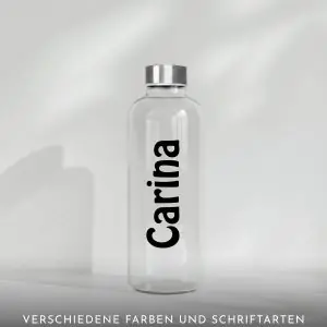 Personalisierte Glasflasche mit Wunschnamen | 1 Liter - Edelstahldeckel
