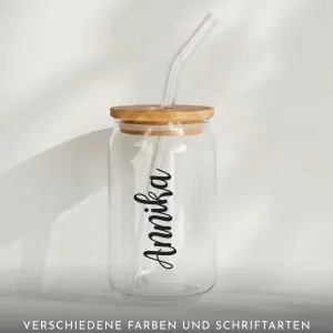 Personalisiertes Trinkglas mit Bambusdeckel | Mit Name