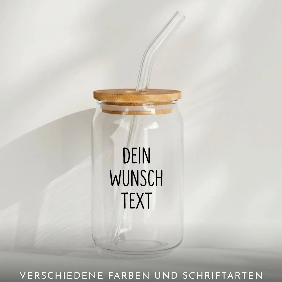 Trinkglas mit Bambusdeckel | Dein Wunschtext