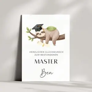 Glückwunschkarte zum Master – Personalisiert mit Wunschnamen | Faultier