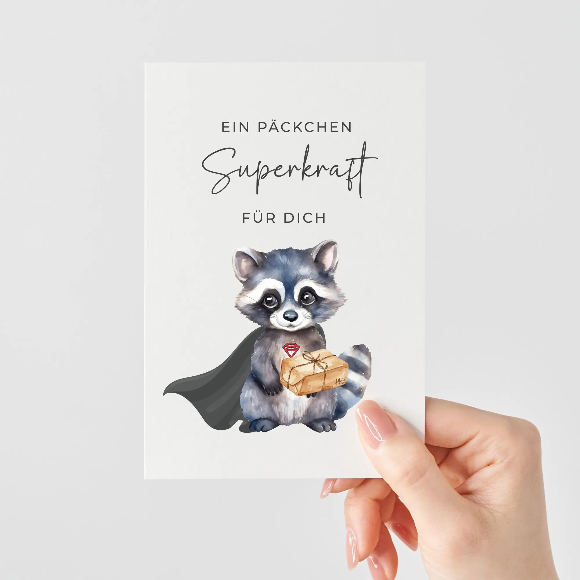 Süße Mutmacher Karte Waschbär | Ein Päckchen Superkraft für dich