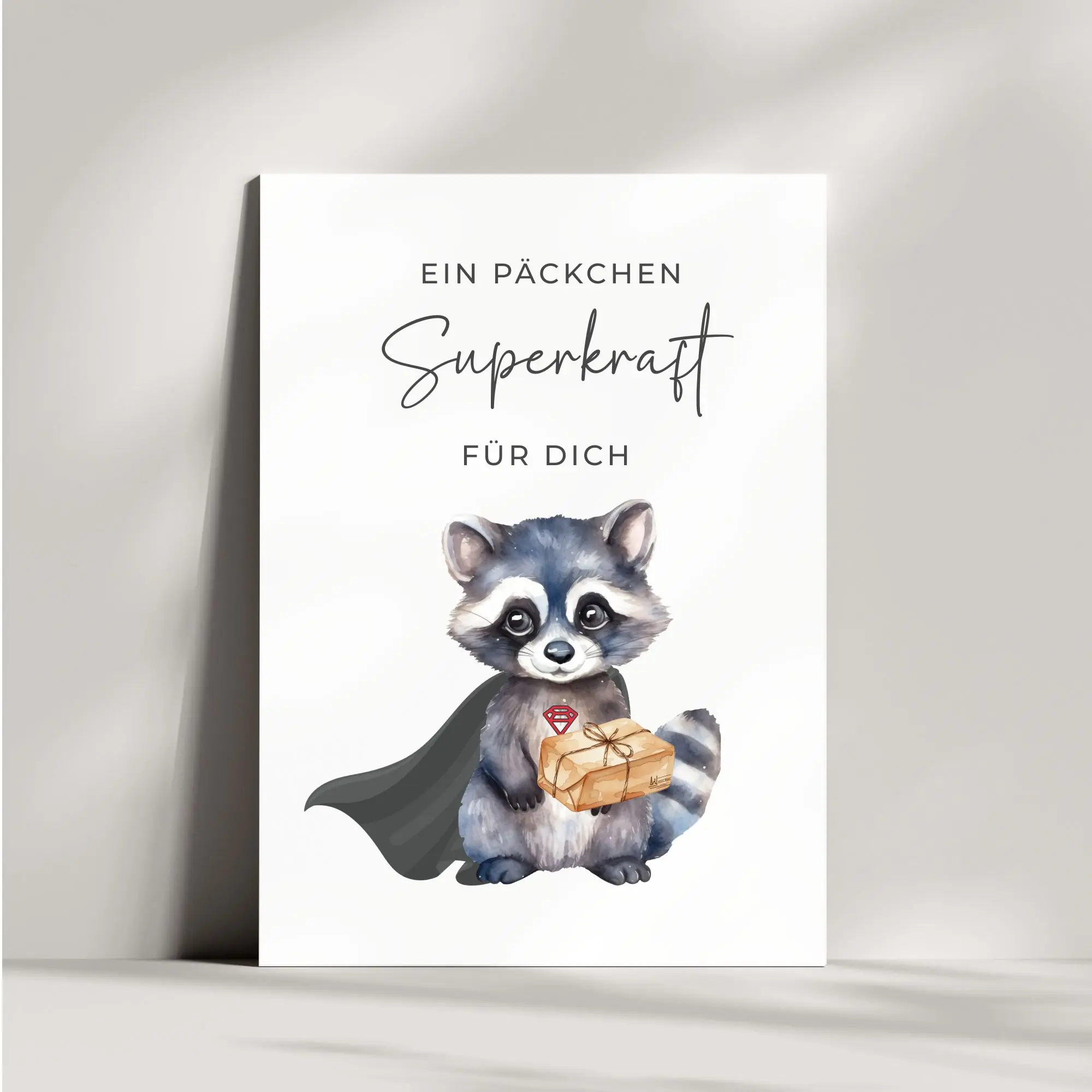 Süße Mutmacher Karte Waschbär | Ein Päckchen Superkraft für dich