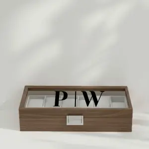 Personalisierter Uhrenkoffer für 6 Armbanduhren in Holz-Optik mit Wunschnamen