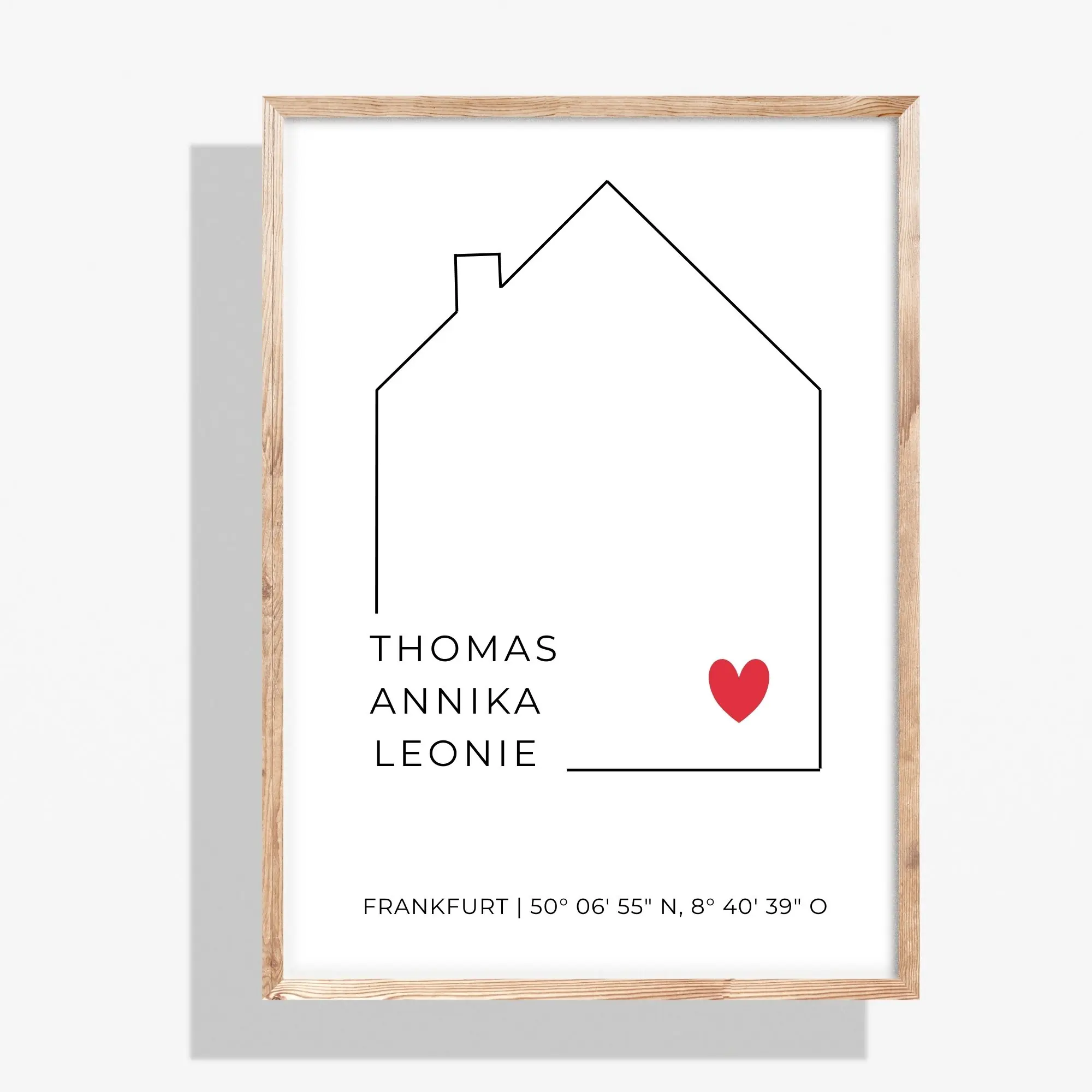 Personalisiertes Poster Haus mit Namen | Stadt & Koordinaten