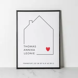 Personalisiertes Poster Haus mit Namen | Stadt & Koordinaten