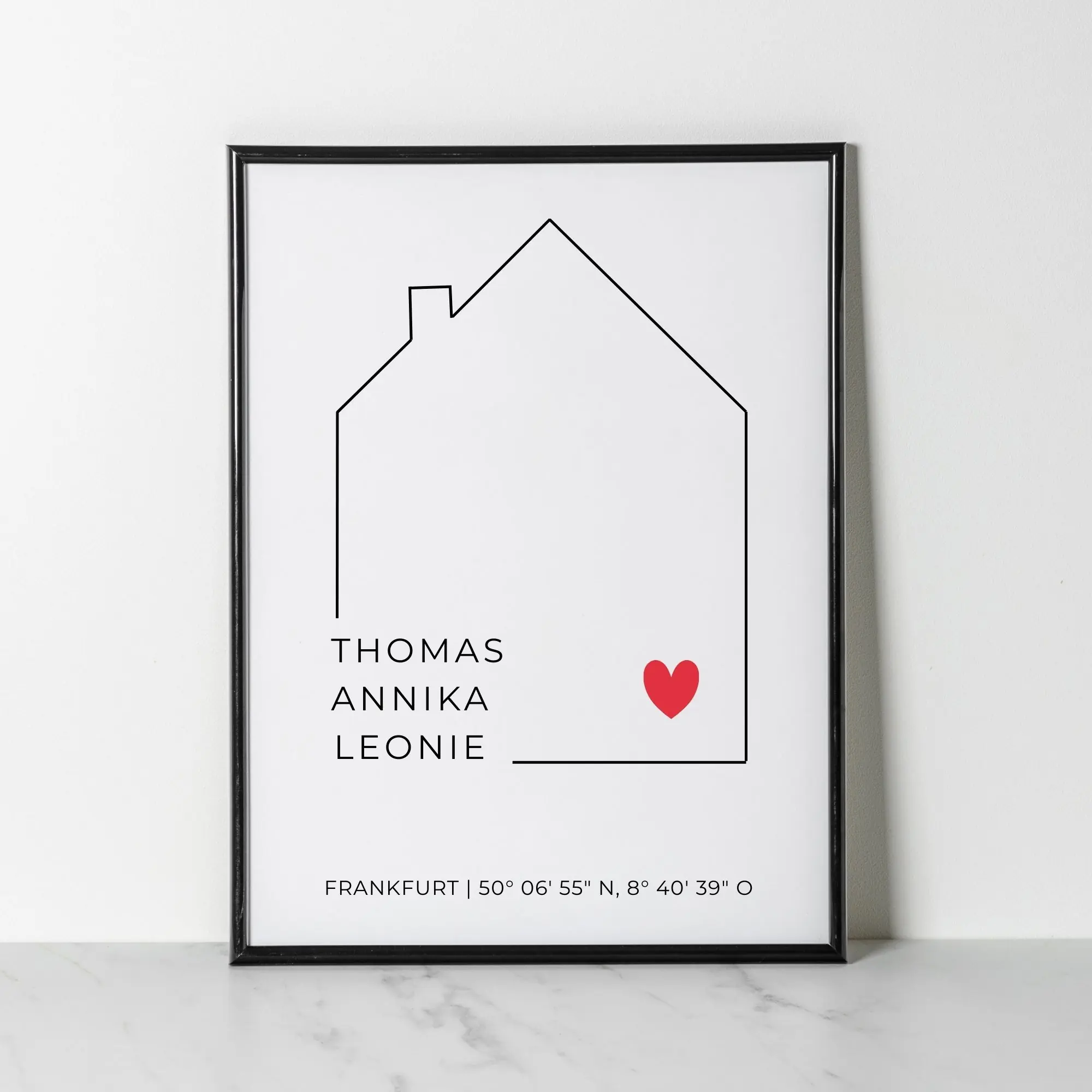 Personalisiertes Poster Haus mit Namen | Stadt & Koordinaten