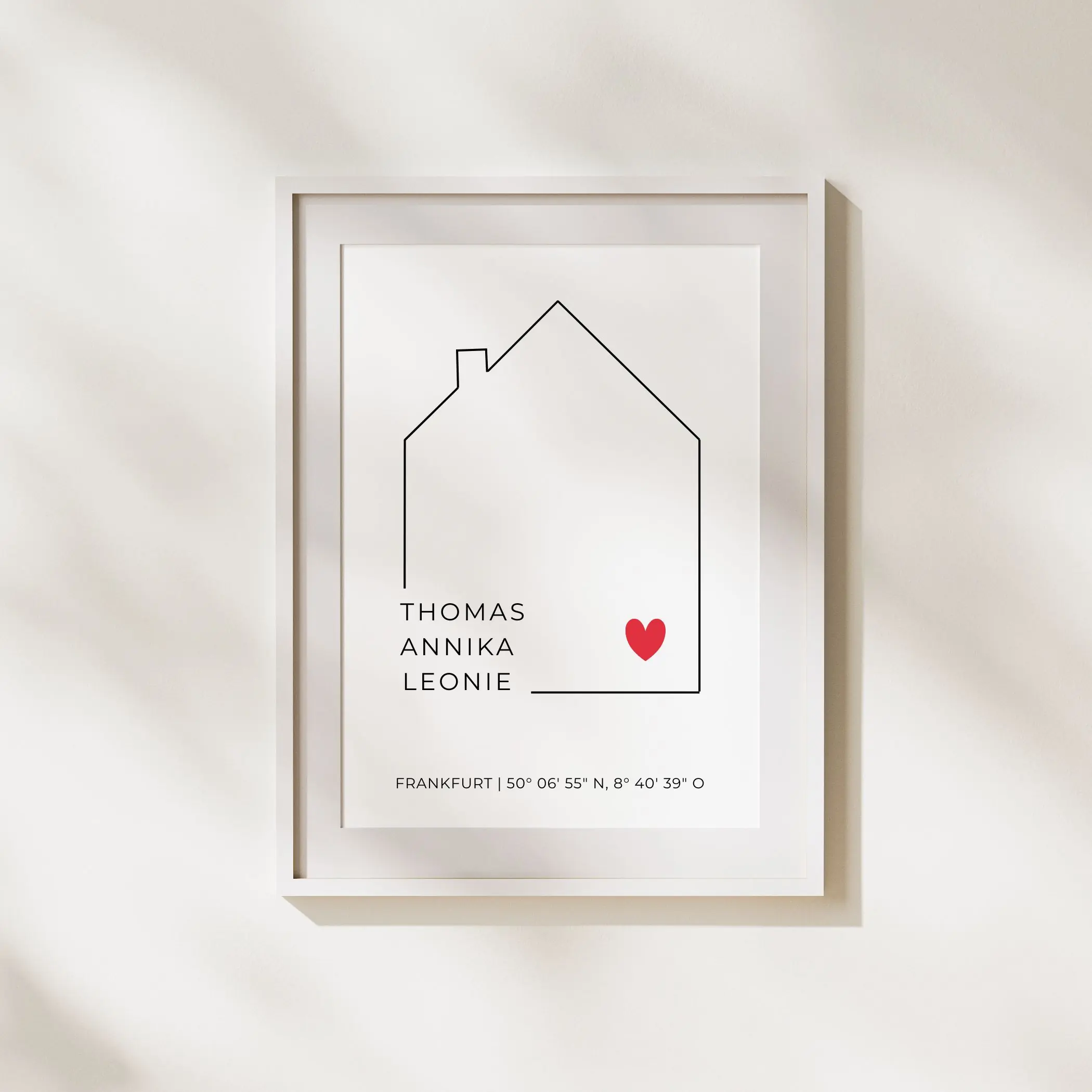 Personalisiertes Poster Haus mit Namen | Stadt & Koordinaten