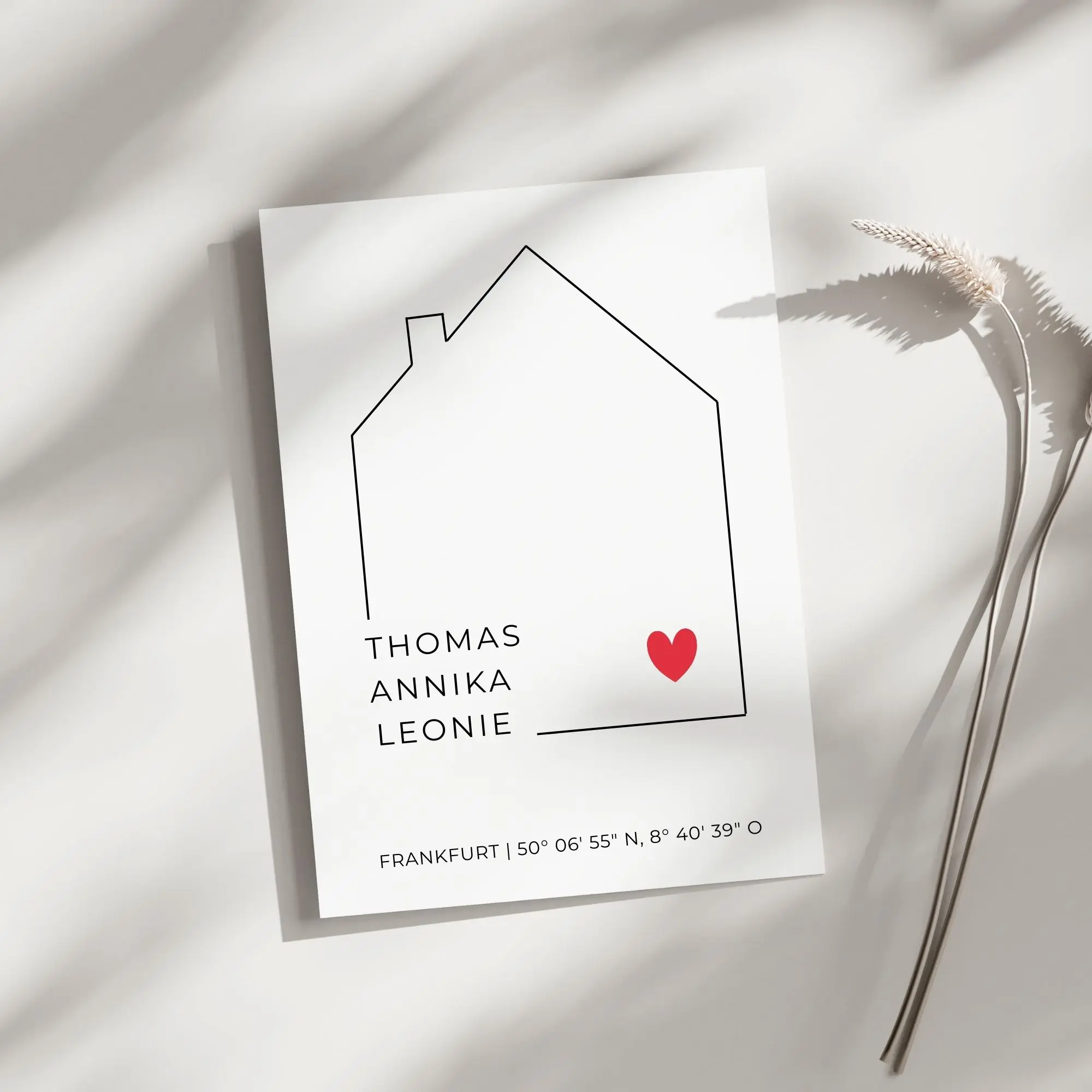 Personalisiertes Poster Haus mit Namen | Stadt & Koordinaten