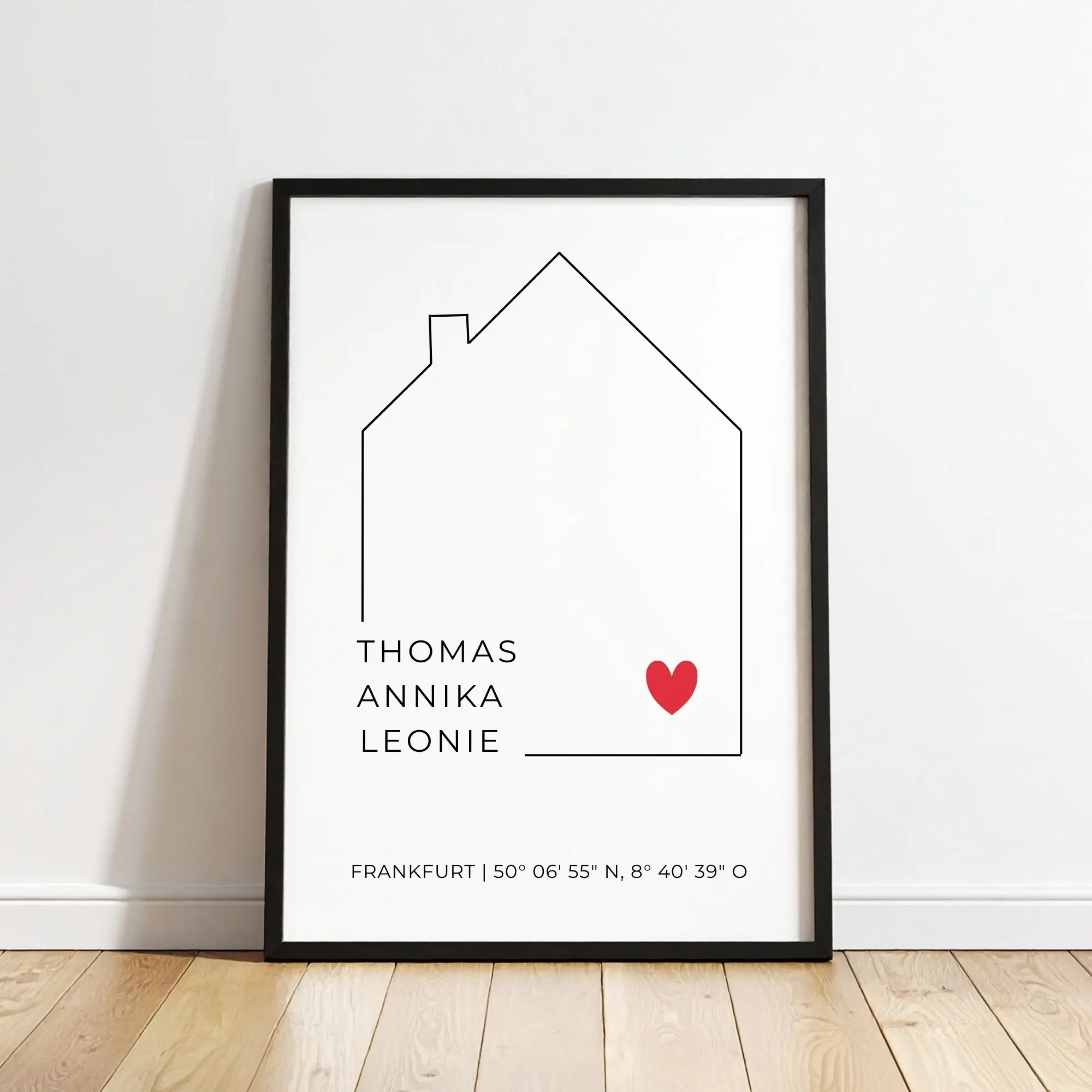 Personalisiertes Poster Haus mit Namen | Stadt & Koordinaten