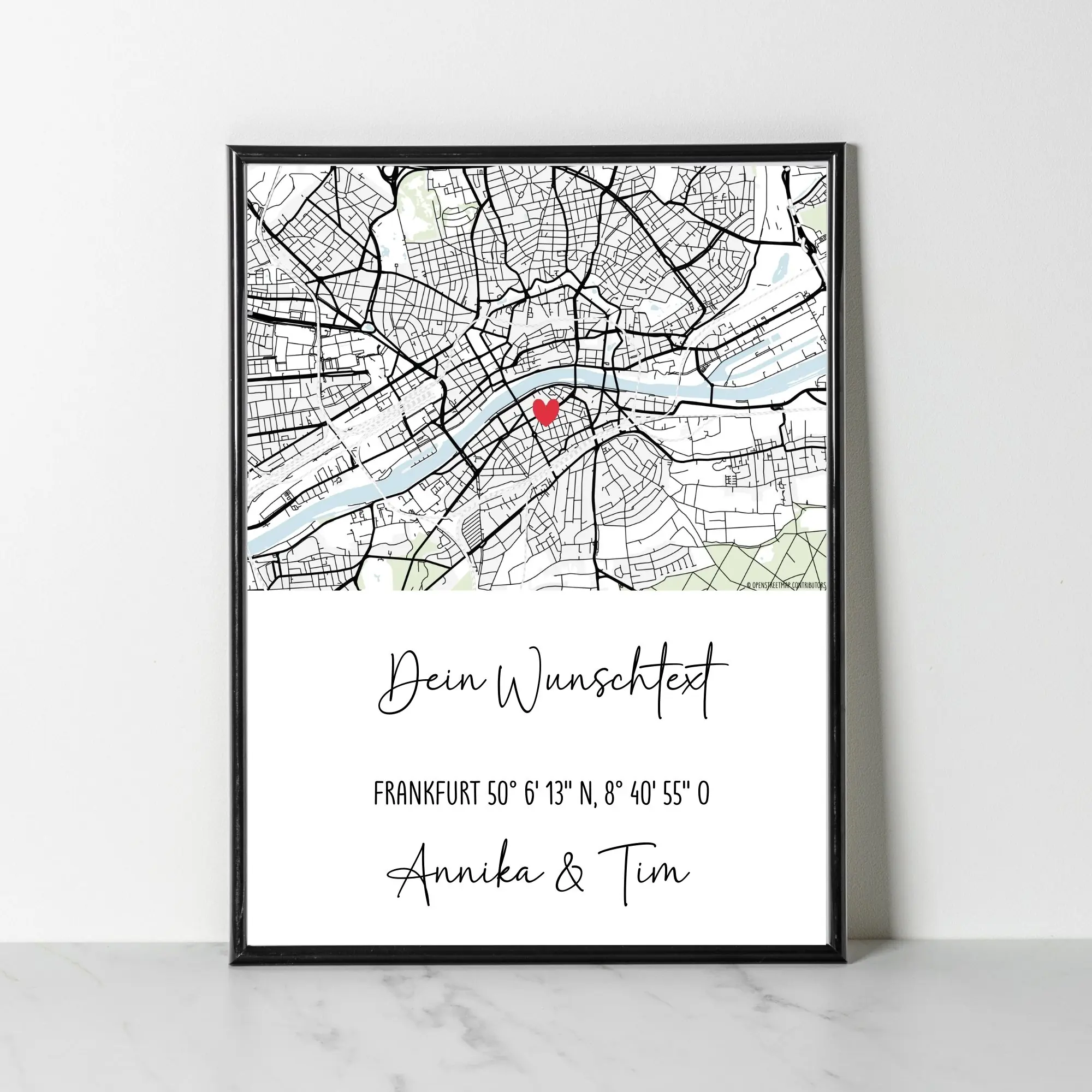 Personalisiertes Poster mit Wunschtext, Stadtplan, Koordinaten & Namen