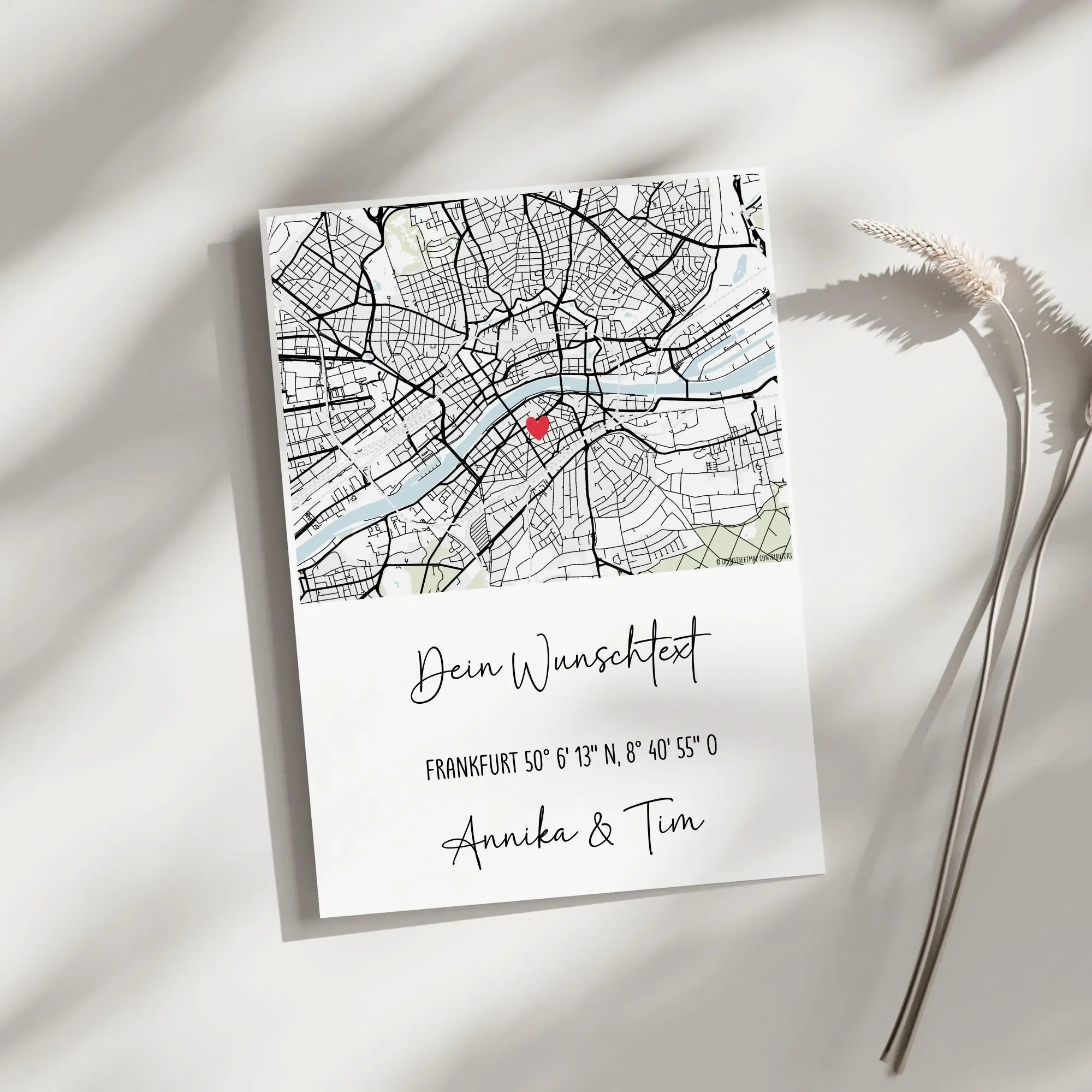 Personalisiertes Poster mit Wunschtext, Stadtplan, Koordinaten & Namen