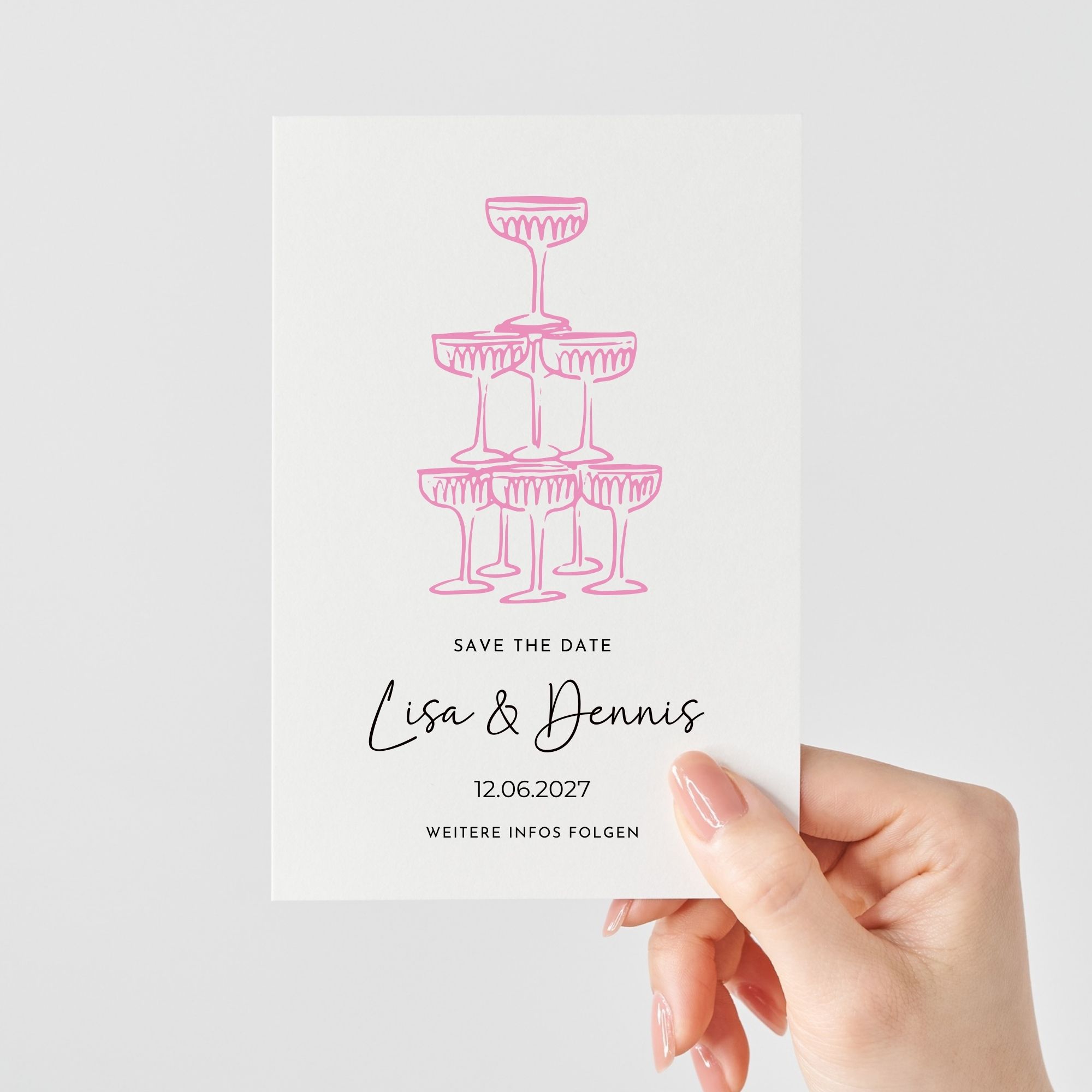 Save the Date Karte | Rosa Champagner-Turm