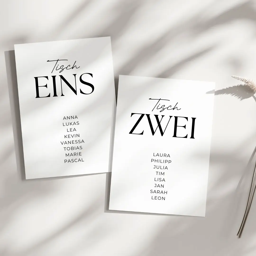 Tischkarten mit Tischnummer mit Gästenamen für die Hochzeit