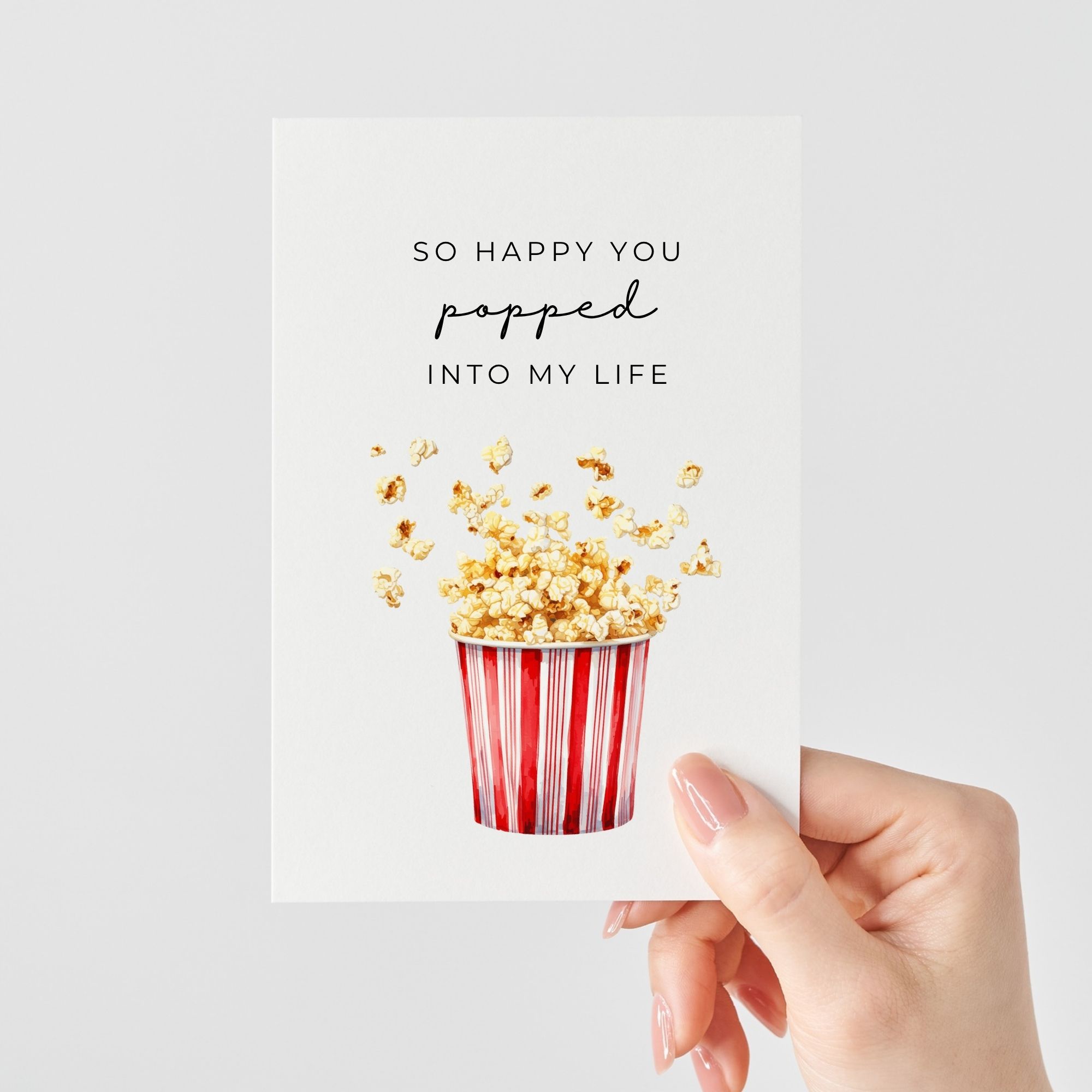 Lustige Karte mit Popcorn Wortspiel | So happy you popped into my life 🍿